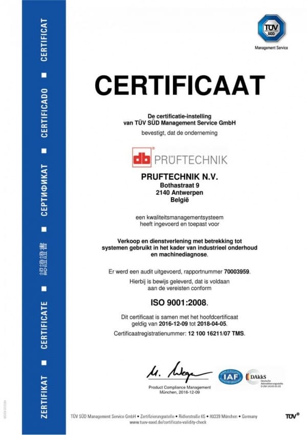 Article image of: Pruftechnik N.V. ontvangt ISO 9001:2008 certificaat